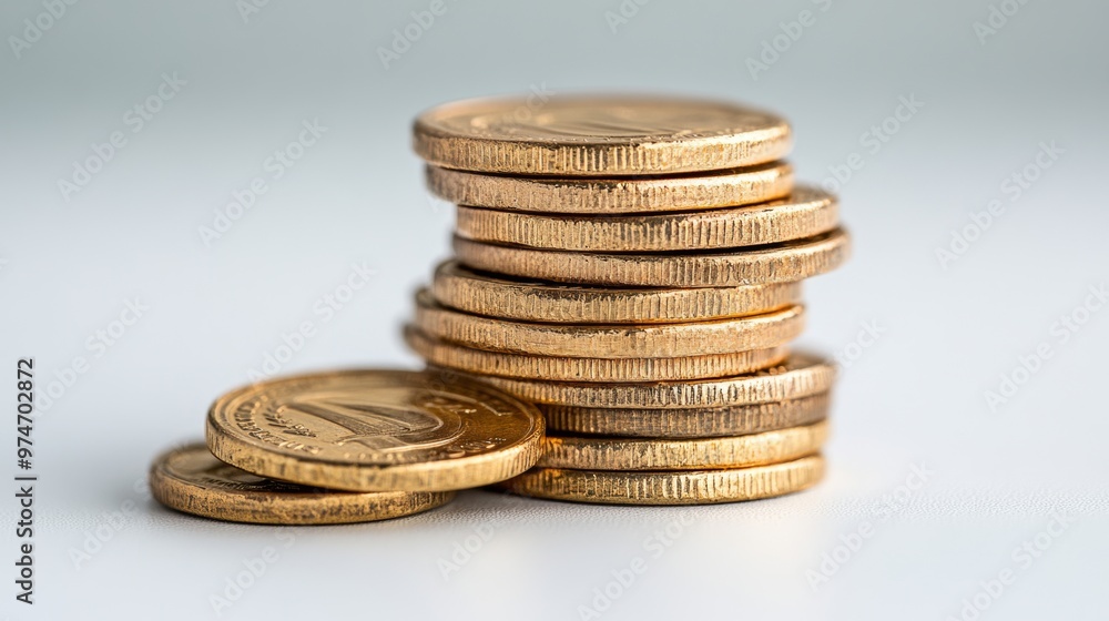 Glossy Wallpaper with Stacked Radiant Gold Coins on Bright White Surface Glossy Wallpaper with Stacked Radiant Gold Coins on Bright White Surface