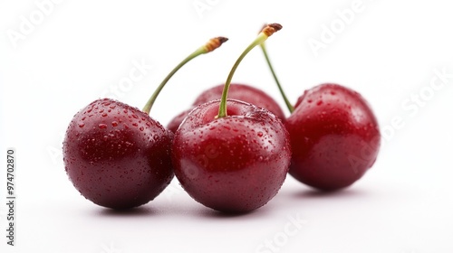 Fresh red cherries with droplets on a white background.