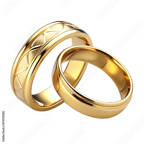 Golden wedding rings with engraving, isolated on a transparent background. 