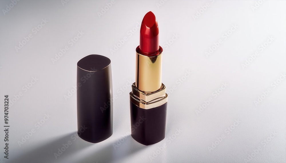 Luxurious Red Lipstick in Gold Tube Displayed on Minimalist White Background with Soft Lighting and Elegant Shadows, Capturing the Essence of Glamour and Timeless Beauty Luxurious Red Lipstick in Gold Tube Displayed on Minimalist White Background with Soft Lighting and Elegant Shadows, Capturing the Essence of Glamour and Timeless Beauty