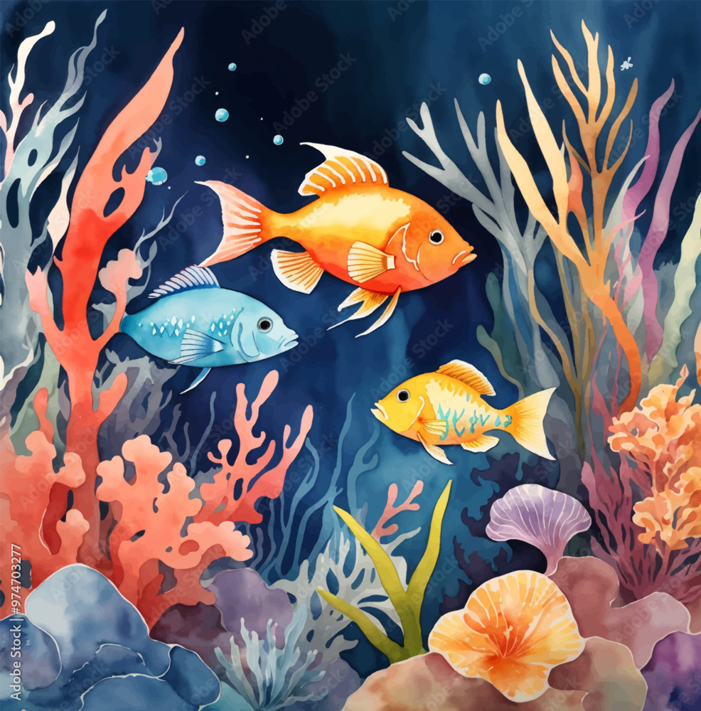 Naklejka premium Watercolor style. Under the sea background. Marine Life Landscape. Ocean underwater world. Silhouette ocean bottom. Marine underwater life. Sea, seascape, seafloor, undersea background. Vector