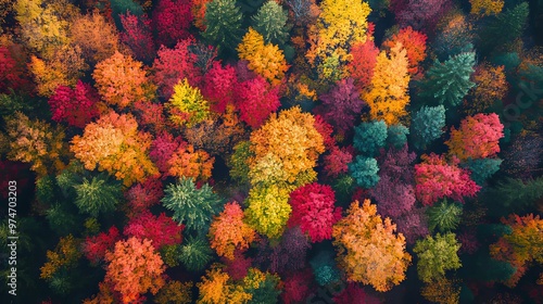 Aerial View of Autumn Forest with Vibrant Foliage