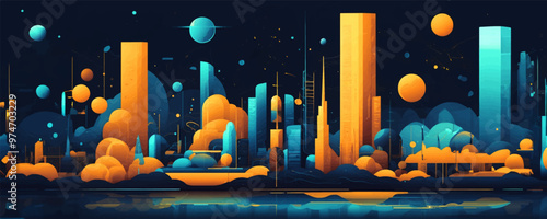 Vibrant Abstract Wave of Smart City with Multilayered Color Texture and Digital Elements - Global Technology and Social Network Concept for Web Banner Design