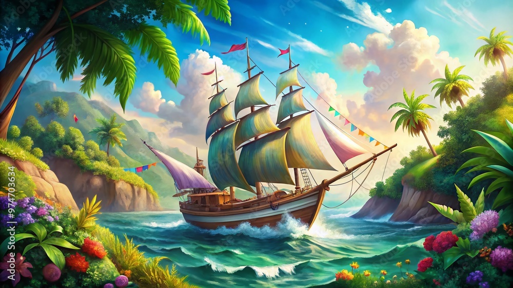 Fototapeta premium Vibrant illustration of a sailing vessel navigating through choppy waters, adorned with colorful flags and lush foliage, symbolizing discovery and exploration on a celebratory day.