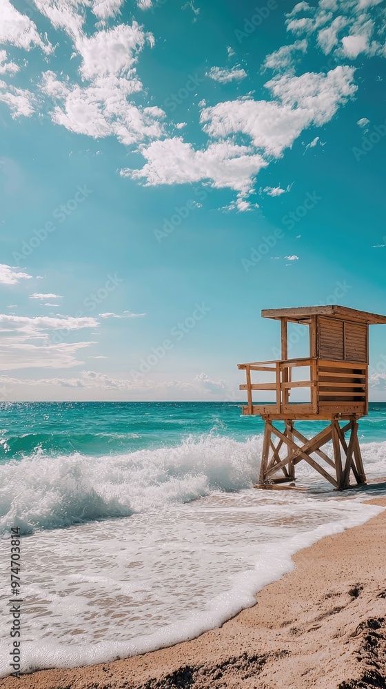 A solitary lifeguard tower stands tall on the sandy shore, overlooking a vibrant blue ocean with waves crashing gently, under a sky painted with fluffy white clouds. A solitary lifeguard tower stands tall on the sandy shore, overlooking a vibrant blue ocean with waves crashing gently, under a sky painted with fluffy white clouds.