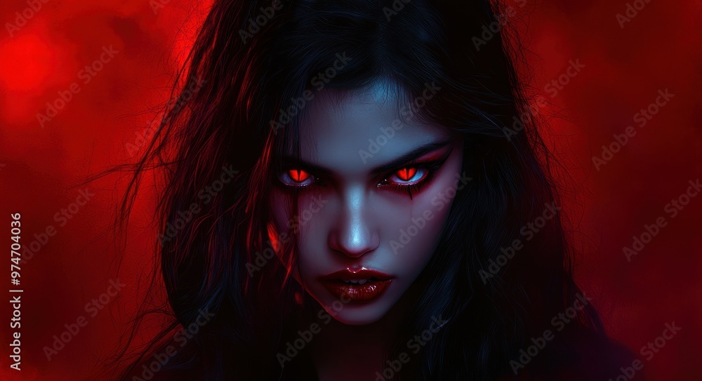 Dark fantasy portrait of a young woman with glowing eyes in red lighting Dark fantasy portrait of a young woman with glowing eyes in red lighting