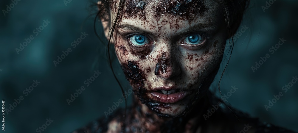 A young woman with striking blue eyes covered in dark grime and dirt A young woman with striking blue eyes covered in dark grime and dirt