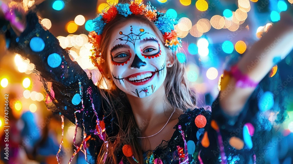 A joyful teenager dressed in a vibrant painted skull outfit, illuminated by colorful festival lights, captures the spirit of celebration and creativity in a lively atmosphere. A joyful teenager dressed in a vibrant painted skull outfit, illuminated by colorful festival lights, captures the spirit of celebration and creativity in a lively atmosphere.