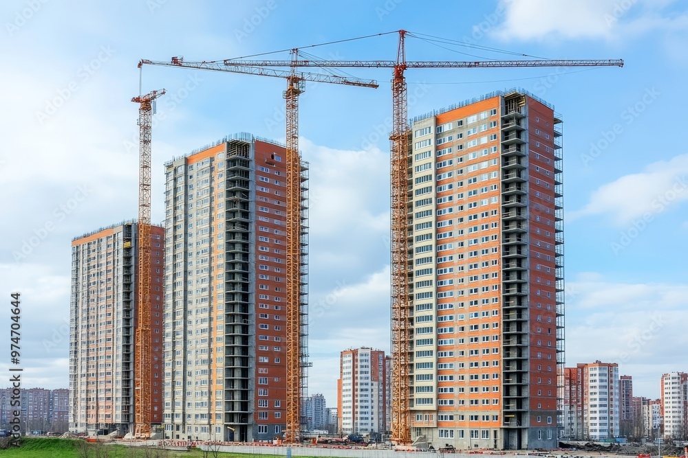 Industrial scene of a construction site featuring cranes and multi storey buildings under blue sky Industrial scene of a construction site featuring cranes and multi storey buildings under blue sky