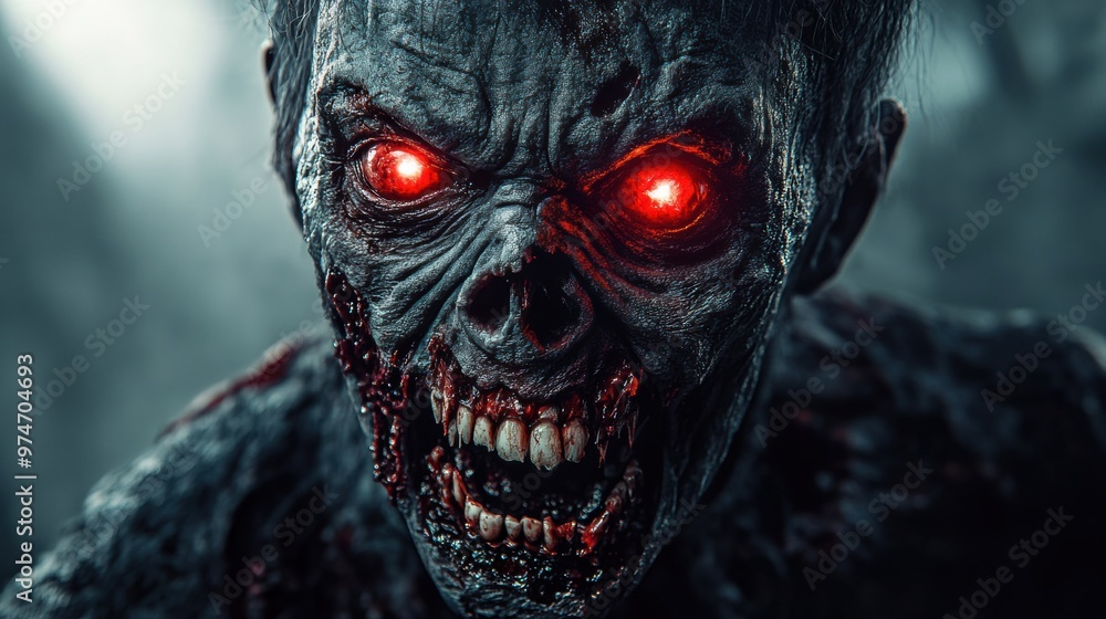 A fierce zombie with glowing eyes emerges in a dark, eerie forest A fierce zombie with glowing eyes emerges in a dark, eerie forest