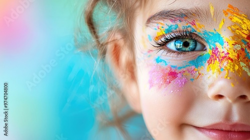 A vibrant close-up of a young child's painted face, showcasing bright colors and expressions, set against a beautifully blurred background with ample space for creative use.