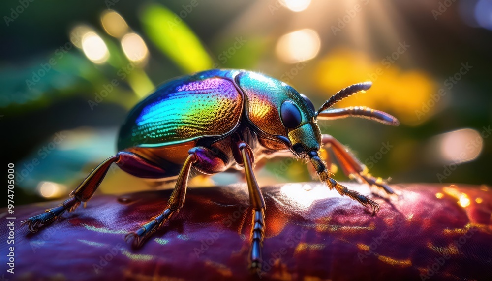 Macro Shot of a Vibrant Jewel Beetle with Iridescent Exoskeleton Perched on a Log in a Lush Forest, Showcasing a Spectrum of Green, Blue, and Orange Metallic Colors Against a Soft, Bokeh Background Macro Shot of a Vibrant Jewel Beetle with Iridescent Exoskeleton Perched on a Log in a Lush Forest, Showcasing a Spectrum of Green, Blue, and Orange Metallic Colors Against a Soft, Bokeh Background