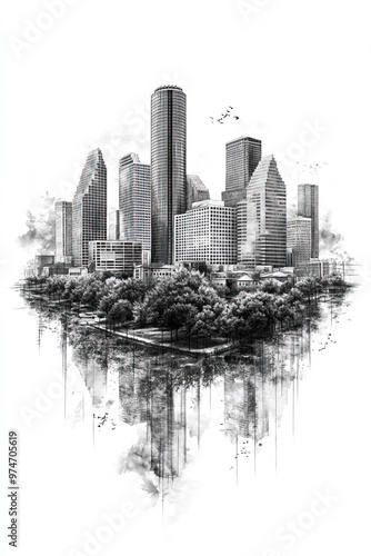 Houston, Texas, black and white pen pencil hand-drawn effect portrait drawing illustration for travel poster, card, wallpaper, backdrop or banner. Modern, clear, artistic and simple