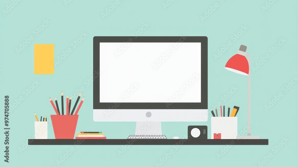 A minimalist workspace featuring a computer, desk lamp, and stationery items. A minimalist workspace featuring a computer, desk lamp, and stationery items.
