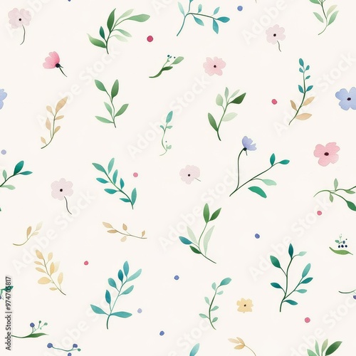 A soft, delicate pattern of colorful flowers and leaves on a light background, perfect for backgrounds and floral designs.