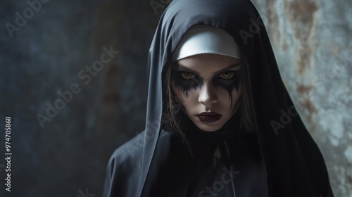 Mysterious figure in dark hooded attire with striking face makeup