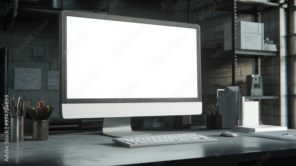 A modern workspace featuring a blank computer screen and organized desk items. A modern workspace featuring a blank computer screen and organized desk items.