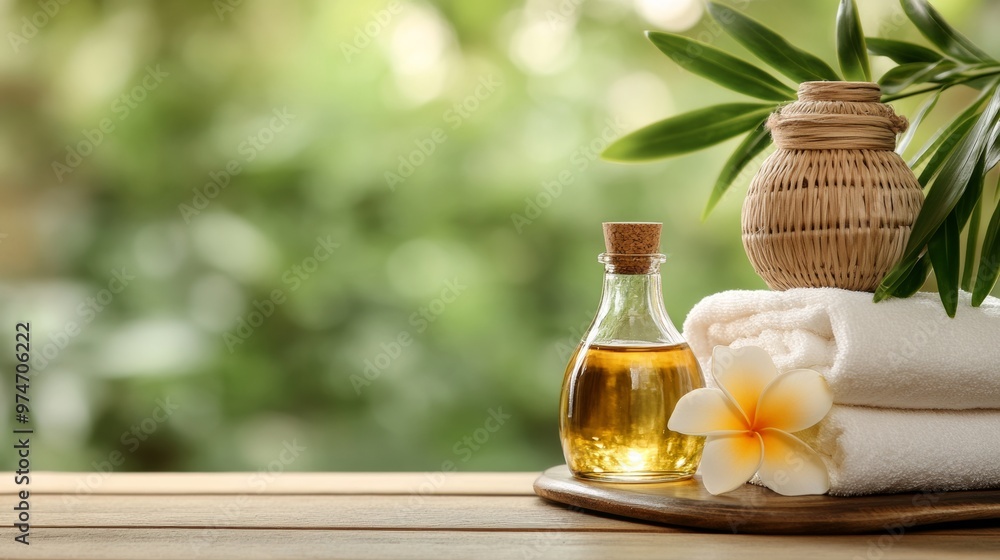 Spa Set for Relaxation Body Oil Towels and Frangipani Flower on Wooden Tray Spa Set for Relaxation Body Oil Towels and Frangipani Flower on Wooden Tray