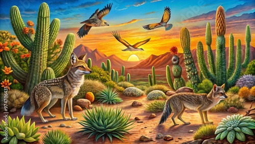 Vibrant illustrations of desert creatures, including coyotes, rattlesnakes, and roadrunners, set against bold backgrounds with cacti and suns, evoking a sense of arid wilderness wonder. photo