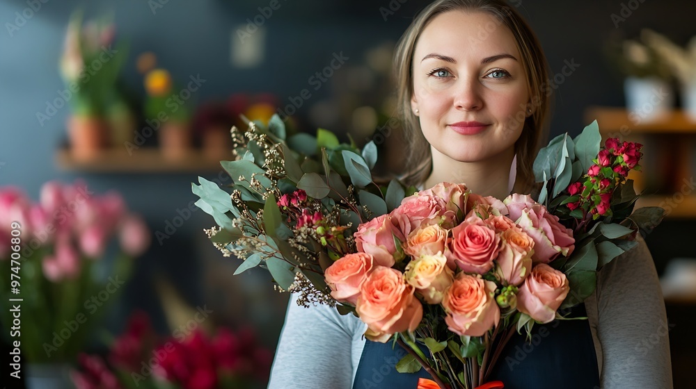 Plus sized overweight Eastern European Caucasian woman florist holds a rose flower bouquet with garnishes : Generative AI Plus sized overweight Eastern European Caucasian woman florist holds a rose flower bouquet with garnishes : Generative AI
