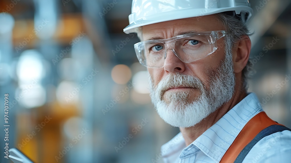Senior White engineer holding tablet looking away with serious emotion at work site Portrait og engineer wearing white hard hat at manufactuing : Generative AI Senior White engineer holding tablet looking away with serious emotion at work site Portrait og engineer wearing white hard hat at manufactuing : Generative AI