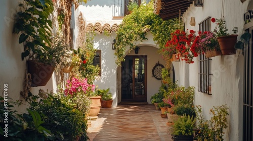 A charming courtyard adorned with vibrant flowers and greenery, inviting relaxation and peace.