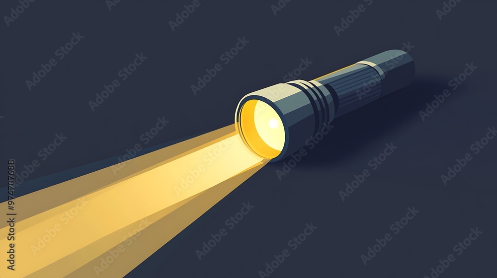 Illuminated Darkness - Stylish Flat Illustration of Flashlight Casting Yellow Beam on Grey Surface, Minimalist Design Background Illuminated Darkness - Stylish Flat Illustration of Flashlight Casting Yellow Beam on Grey Surface, Minimalist Design Background
