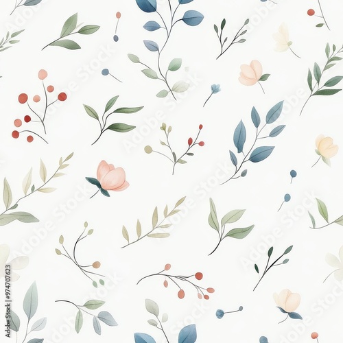 Charming floral pattern featuring delicate leaves and flowers in soft pastel colors on a light background.