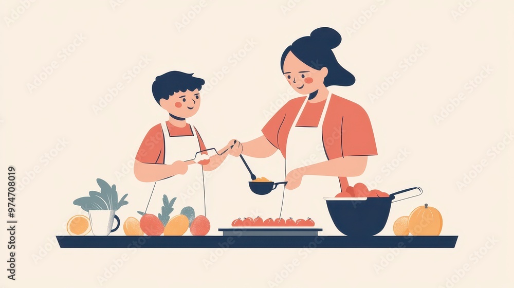 Mother and Son Cooking Together in Kitchen Mother and Son Cooking Together in Kitchen