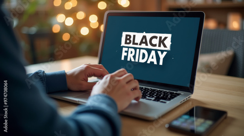 Bürofraubüroangestellter tippt am Black Friday auf einen Laptop, um online zu arbeiten