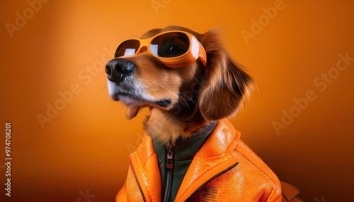 Trendy Dog Wearing Bold Orange Sunglasses and Matching Jacket Strikes a Cool Pose Against Vibrant Orange Backdrop, Emanating Confidence and Fashion Forward Attitude photo