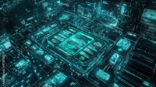 Wallpaper Mural Futuristic digital landscape with glowing circuits and data structures. Torontodigital.ca