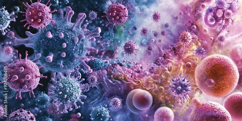 Microscopic image of viruses and cells.