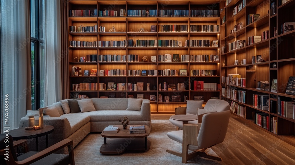 Cozy library space with bookshelves, seating, and warm lighting for relaxation and reading. Cozy library space with bookshelves, seating, and warm lighting for relaxation and reading.