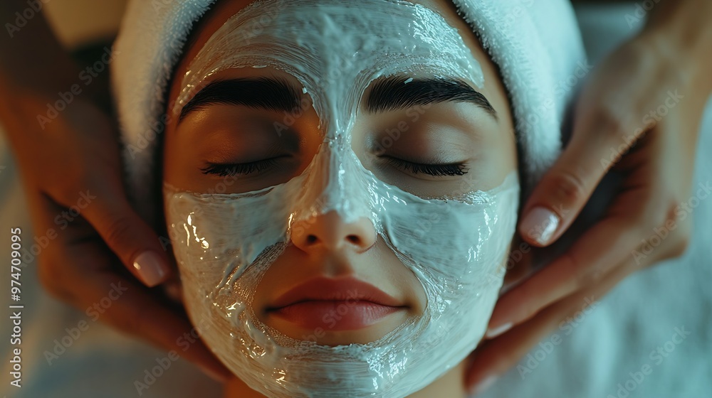 Woman getting professional skin facial care treatment procedures at spa and beauty salon Young lady with white towel turban on head lying on bed while beautician applies cleansing mask : Generative AI Woman getting professional skin facial care treatment procedures at spa and beauty salon Young lady with white towel turban on head lying on bed while beautician applies cleansing mask : Generative AI
