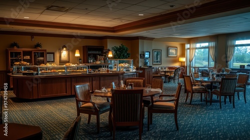 A cozy dining area featuring tables, chairs, and a buffet display of food options.