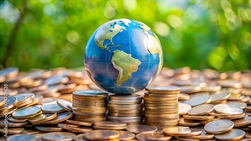 Global Finance Theme, Globe resting on coins ,Represents money and wealth concepts background 