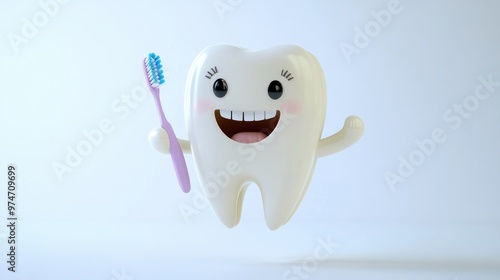 A 3D cute tooth character jumping with joy, holding a tiny toothbrush, on a white background