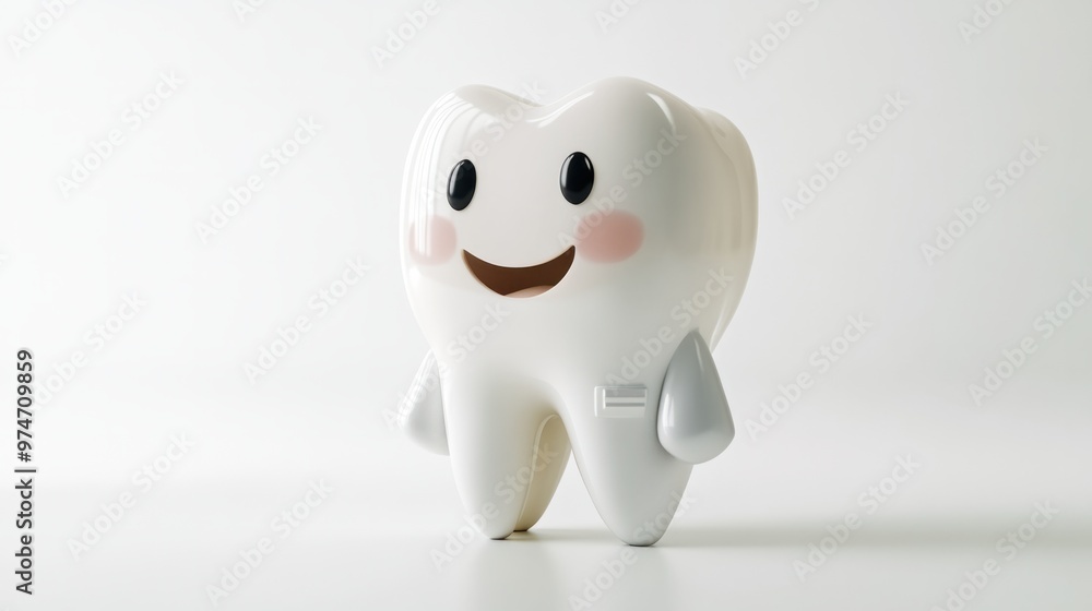 A 3D cute tooth character smiling confidently, wearing a tiny dentist coat, isolated on white A 3D cute tooth character smiling confidently, wearing a tiny dentist coat, isolated on white