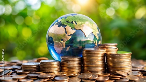 Global Finance Theme, Globe resting on coins ,Represents money and wealth concepts background 