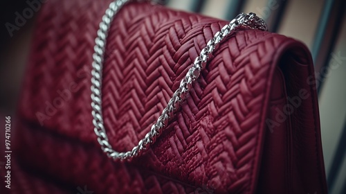 Burgundy color rectangular womens handbag in a classic style on a chain for a casual or evening look Textile knitted bag in a minimalist style : Generative AI photo