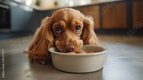 English cocker spaniel dog eating food drinking water from bowl on the floot in the kitchen home : Generative AI photo