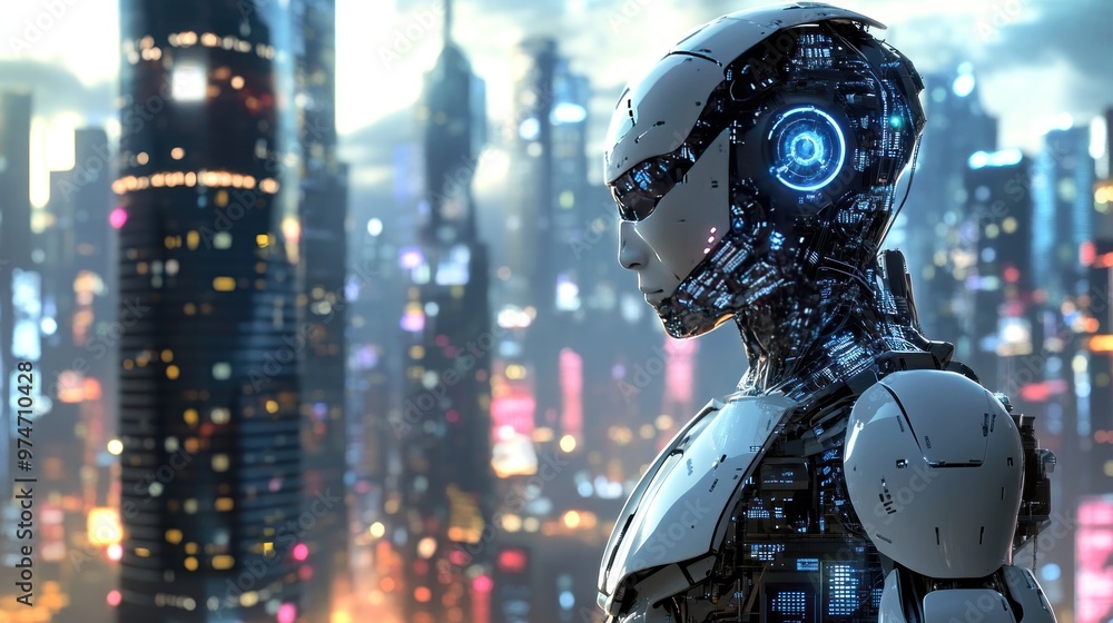 A futuristic robot stands against a vibrant city skyline, showcasing advanced technology. A futuristic robot stands against a vibrant city skyline, showcasing advanced technology.