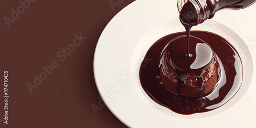 Clear bottle of chocolate sauce being poured over a dessert plate, sweets illustration art