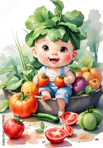 Kids eating healthy breakfast in vegetables and fruits illustration. Vector Illustration Of Food Concept Design. watercolor style