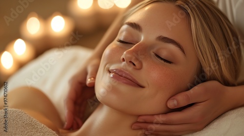 Young Blonde Woman Enjoying Relaxing Massage Lying On Bed Masseur Massaging Her Neck And Face At Spa Indoors Closeup Relaxation Beauty And Wellness Concept Panorama : Generative AI photo