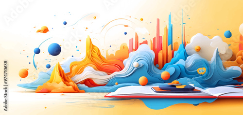 Vibrant Abstract Wave of Smart City with Multilayered Color Texture and Digital Elements - Global Technology and Social Network Concept for Web Banner Design