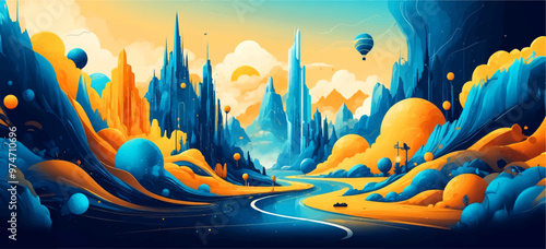 Vibrant Abstract Wave of Smart City with Multilayered Color Texture and Digital Elements - Global Technology and Social Network Concept for Web Banner Design