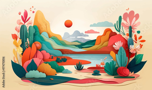 Set of wedding invitation with watercolor aquarelle landscape mountain background