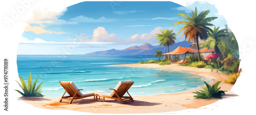 Beautiful panoramic sea sand sky. Tropical relax beach sunny summer island landscape. Love couple chairs umbrella palm leaves romantic coast. Luxury travel destination. Honeymoon vacation best tourism